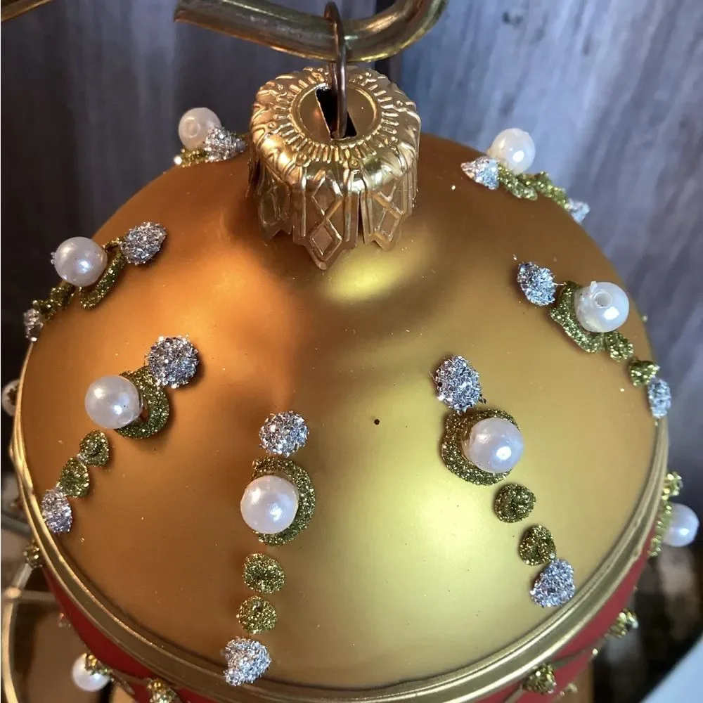 The Museum Company Festive Gold and Red Ornamental Egg with Pearl Details